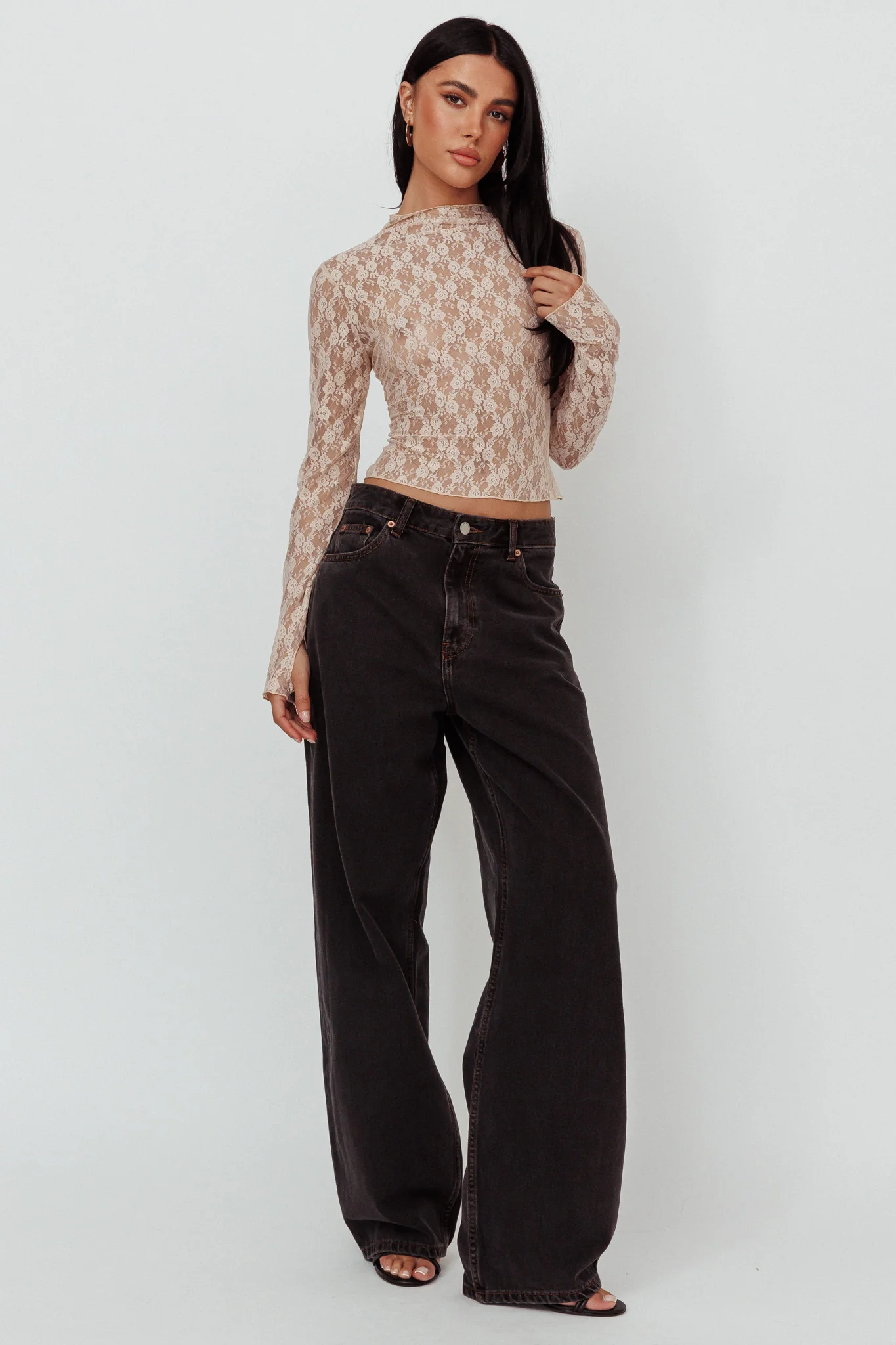 A La Mode Long Sleeve Lace Top Taupe - Image 3
