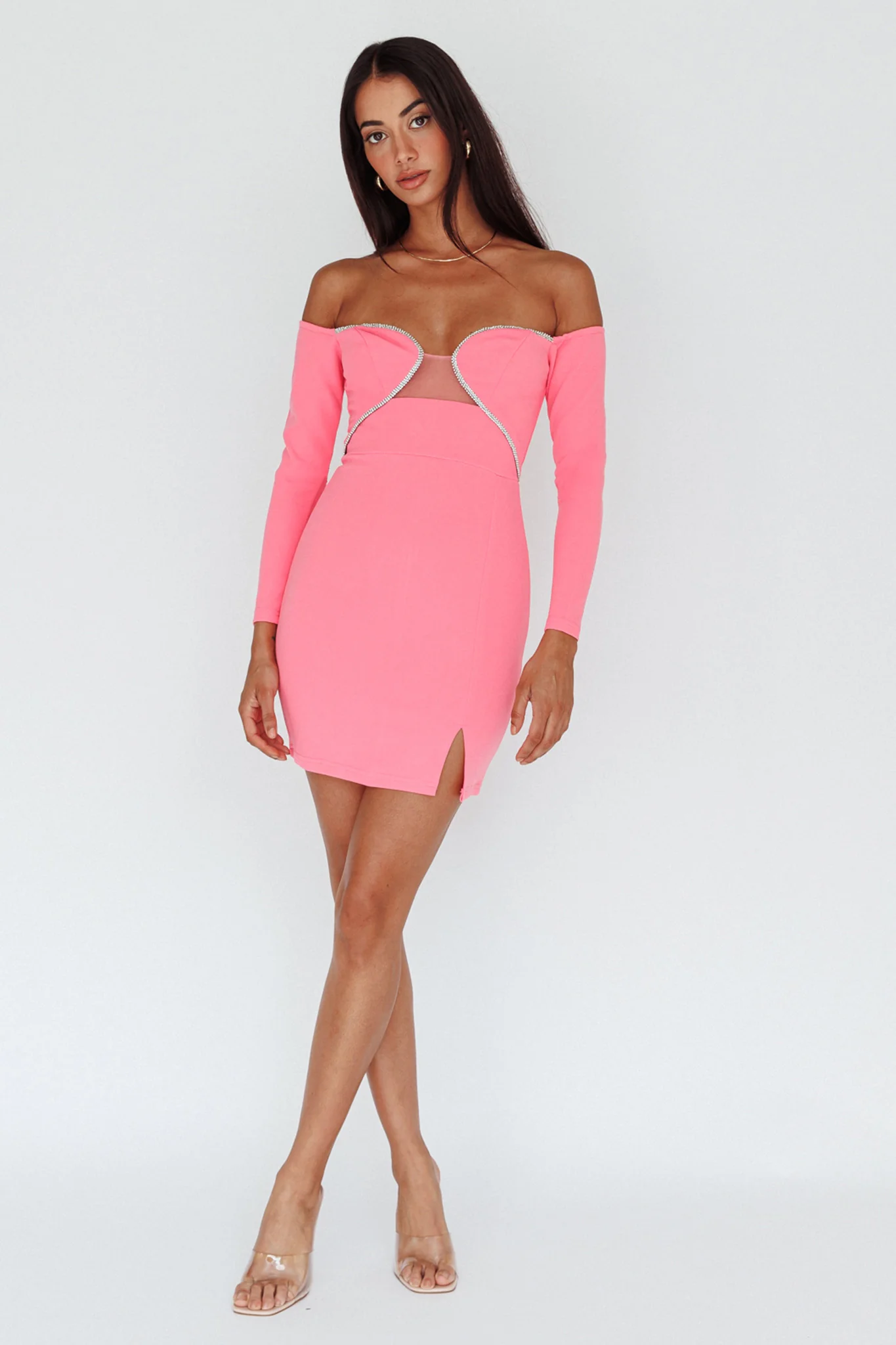 A-List Diamante Trim Long Sleeve Mini Dress Hot Pink - Image 6
