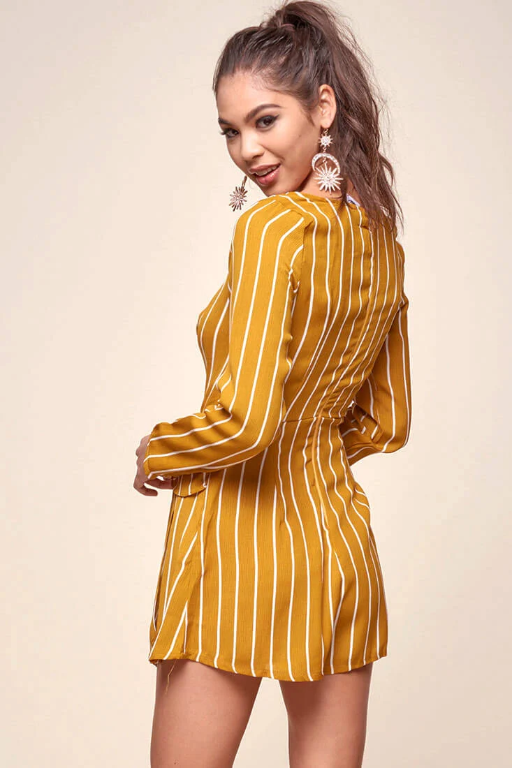 Abbey Waist Tie Pinstripe Romper Mustard & White - Image 2