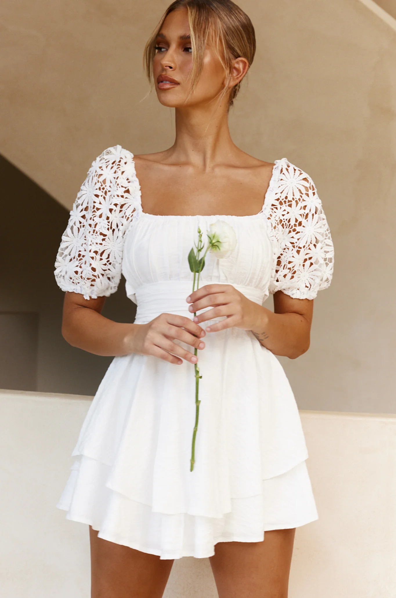 Abby Lace Puff Sleeve Tie-Up Back Dress White - Image 6