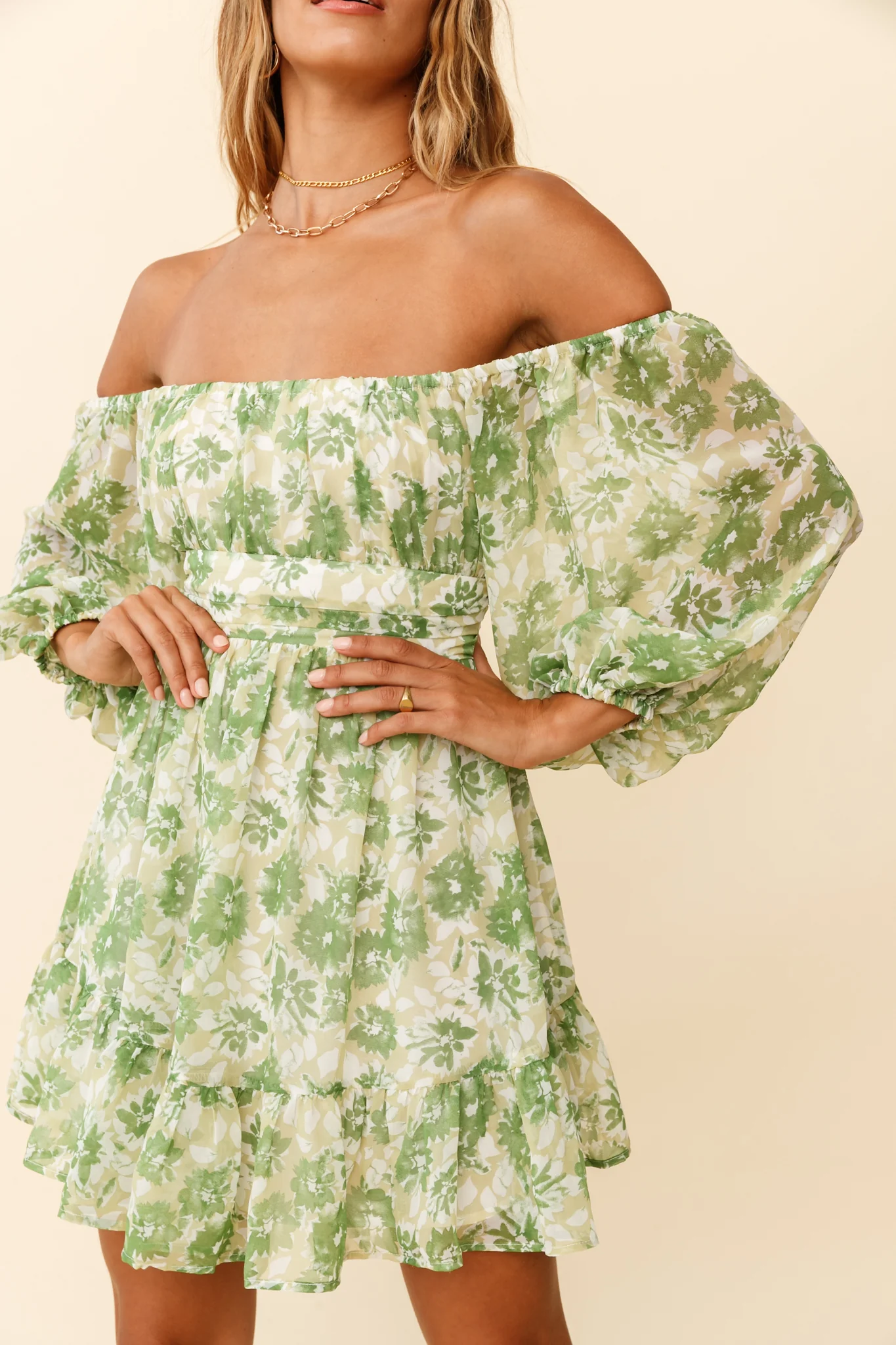 Abby Off-Shoulder Tie-Up Back Dress Floral Print Green - Image 4