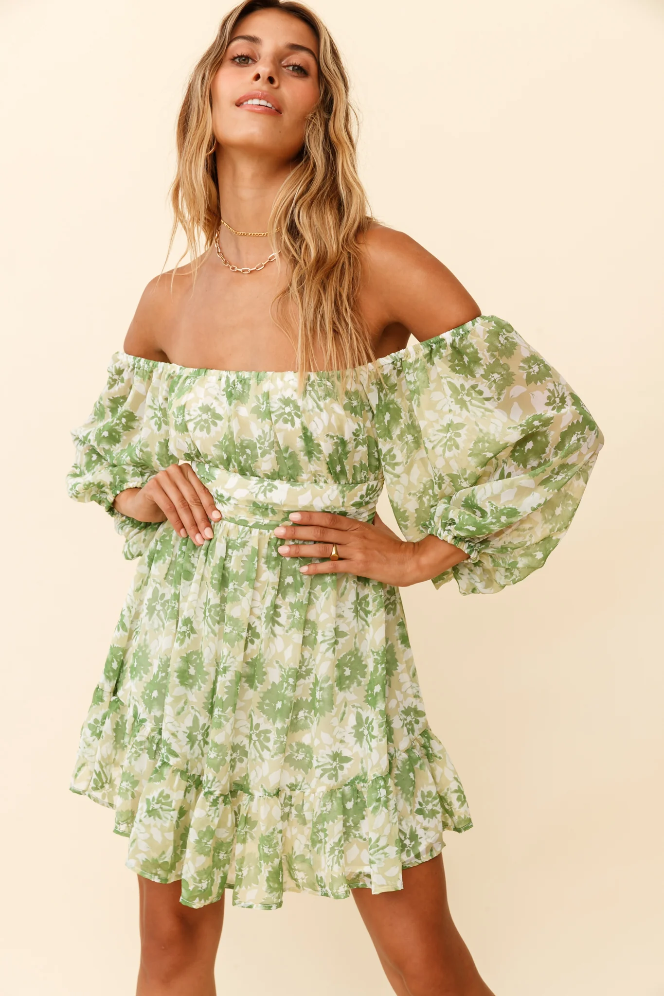 Abby Off-Shoulder Tie-Up Back Dress Floral Print Green - Image 6