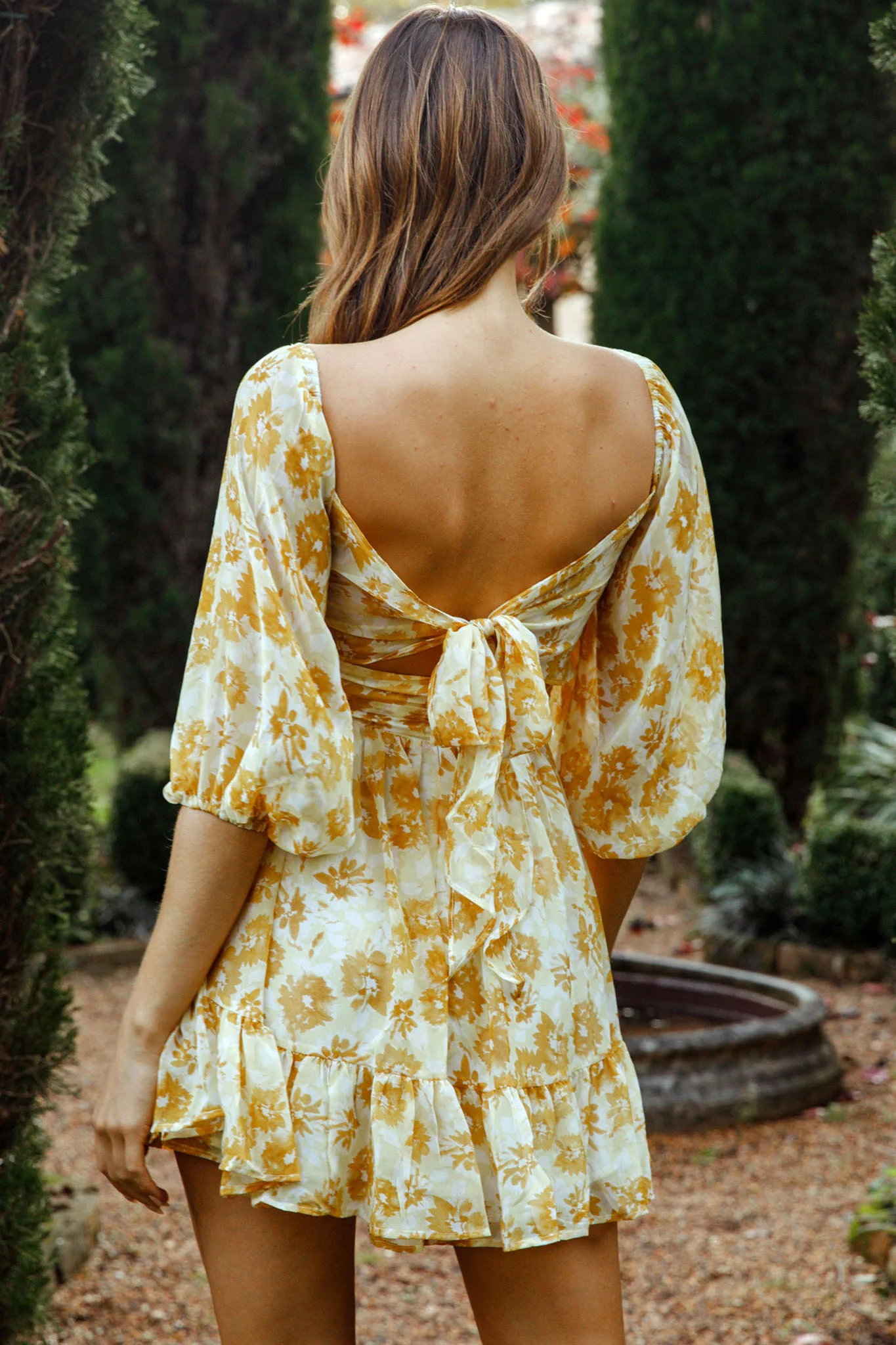 Abby Off-Shoulder Tie-Up Back Dress Floral Print Yellow - Image 5