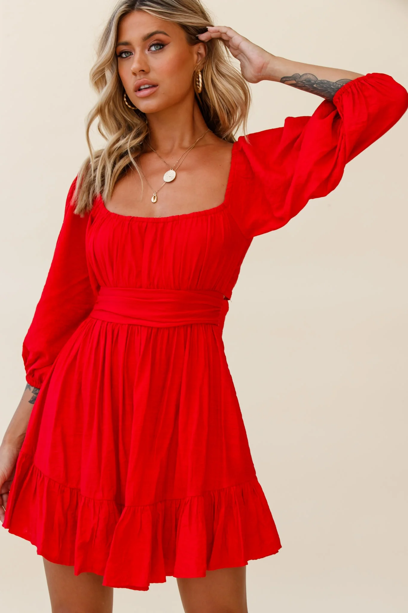 Abby Off-Shoulder Tie-Up Back Dress Red - Image 7