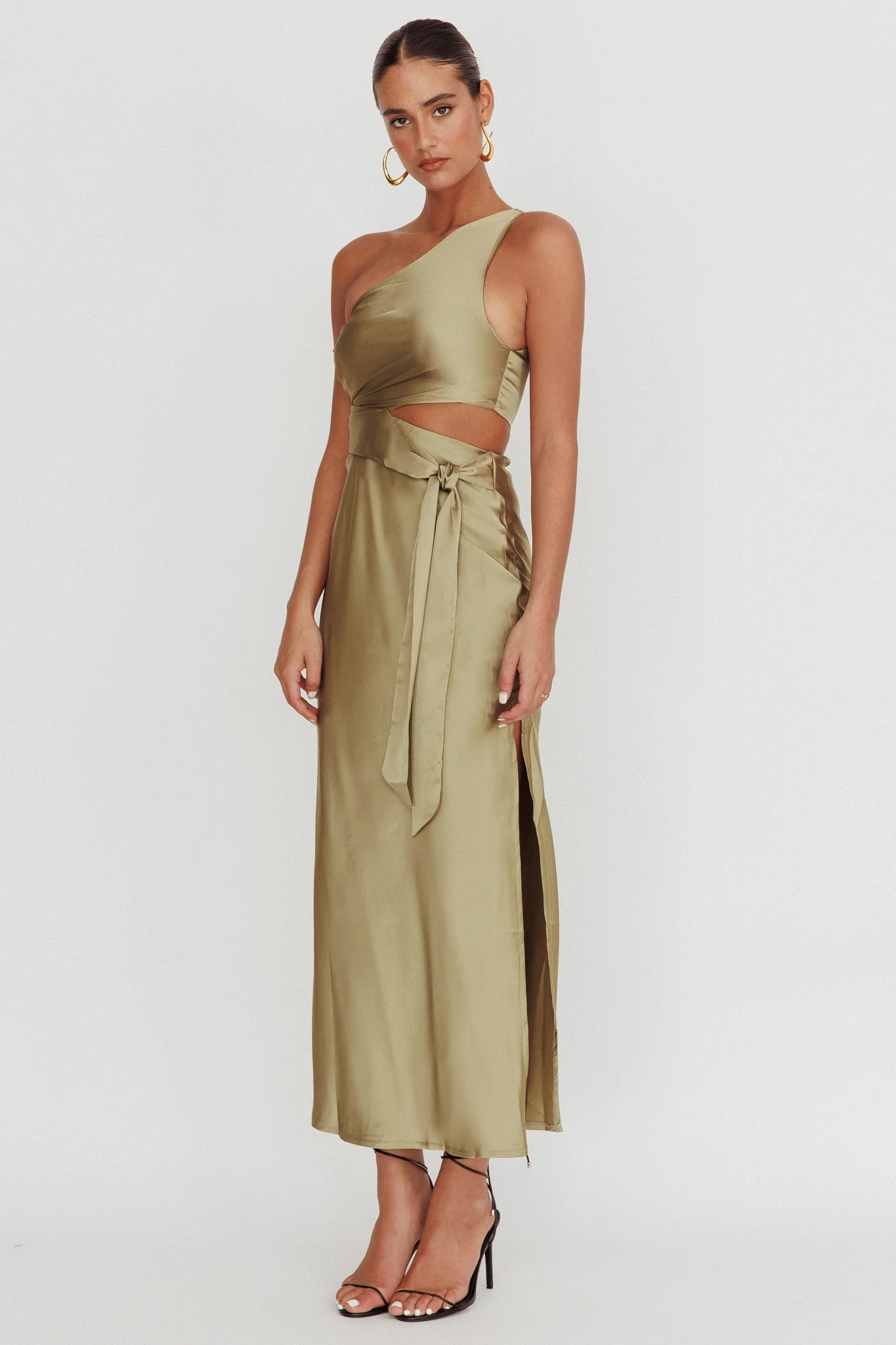 Abloom One Shoulder Satin Maxi Dress Khaki - Image 3
