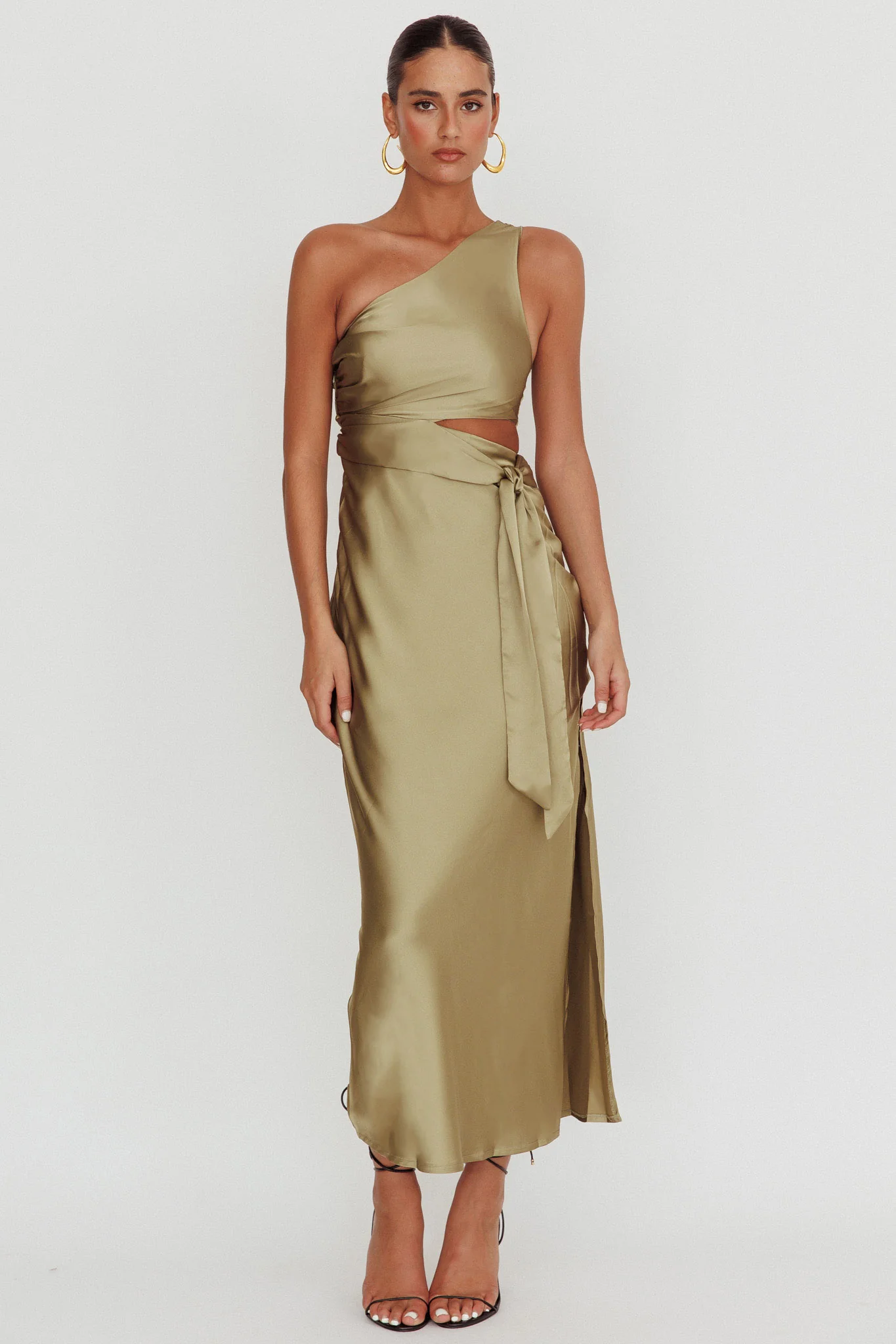 Abloom One Shoulder Satin Maxi Dress Khaki - Image 5