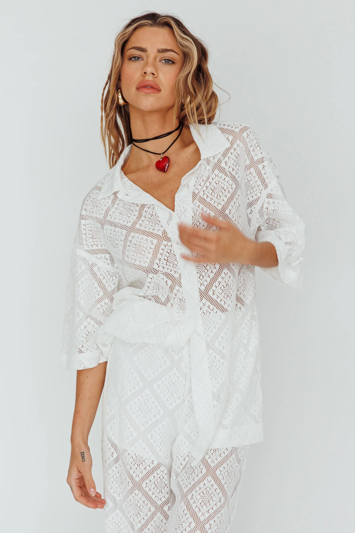 Abraya Lace Button-Up Shirt White - Image 5