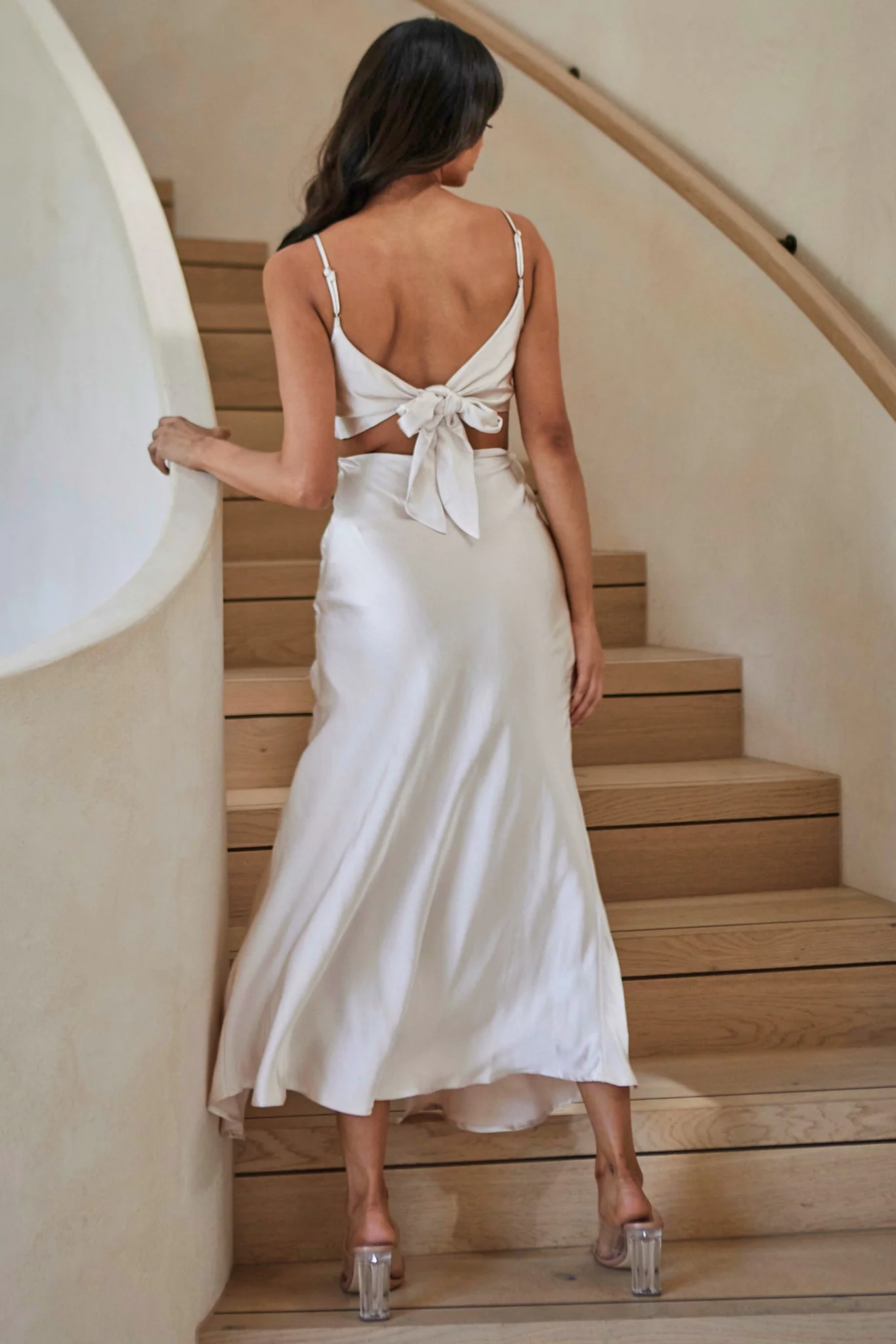 Acapulco Cami Strap Tied Back Satin Maxi Dress Champagne - Image 3