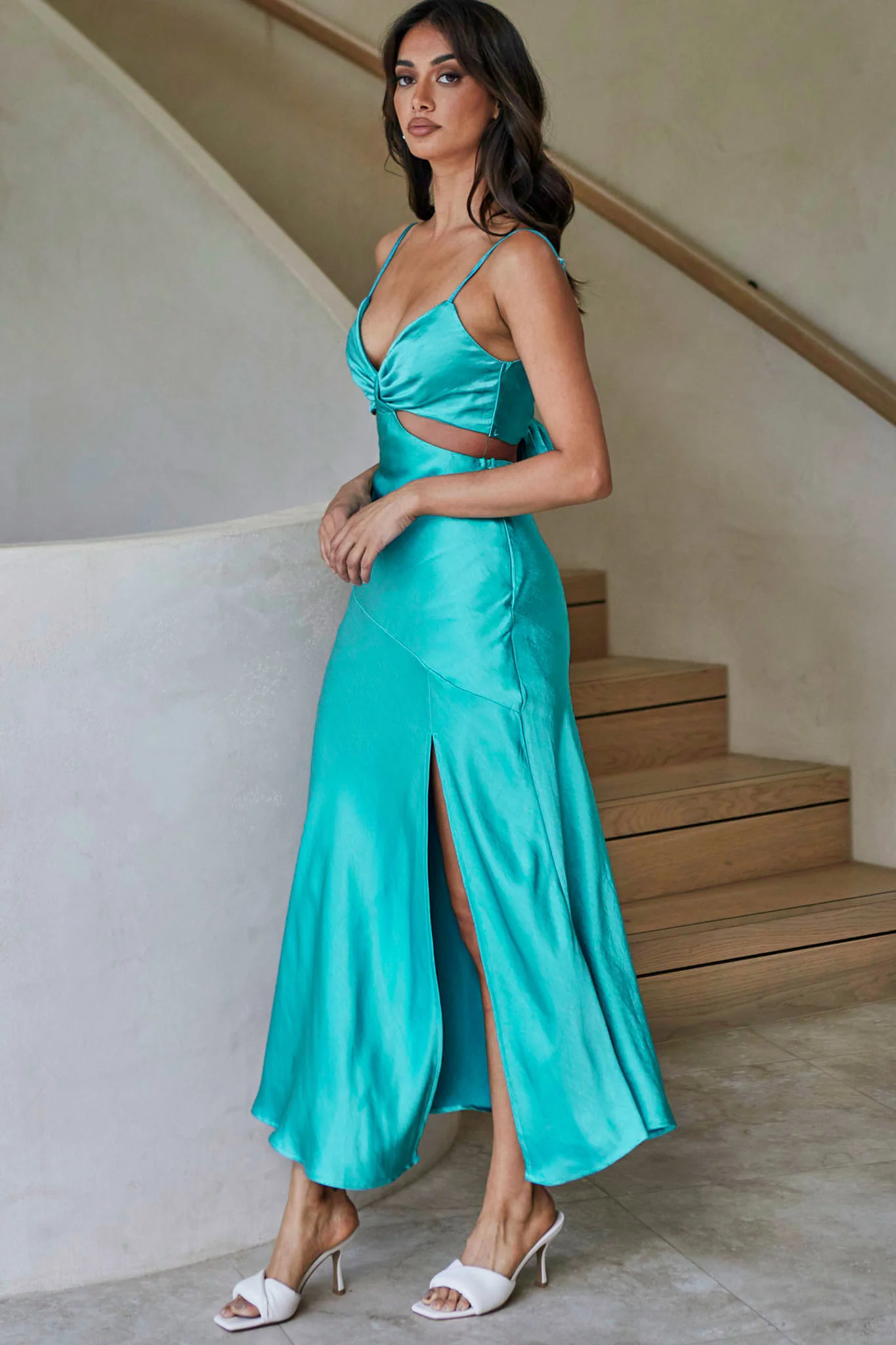 Acapulco Cami Strap Tied Back Satin Maxi Dress Green - Image 5