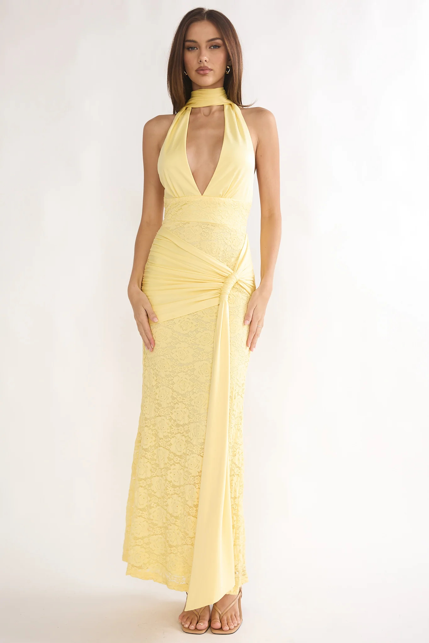 Adair Halterneck Waist Sash Maxi Dress Lace Butter - Image 5