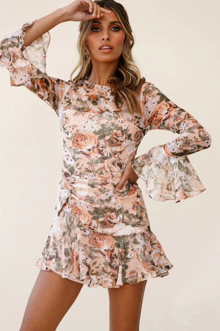 Adalia Long Sleeve Flared Cuff Dress Floral Print Nude Multi - Image 3