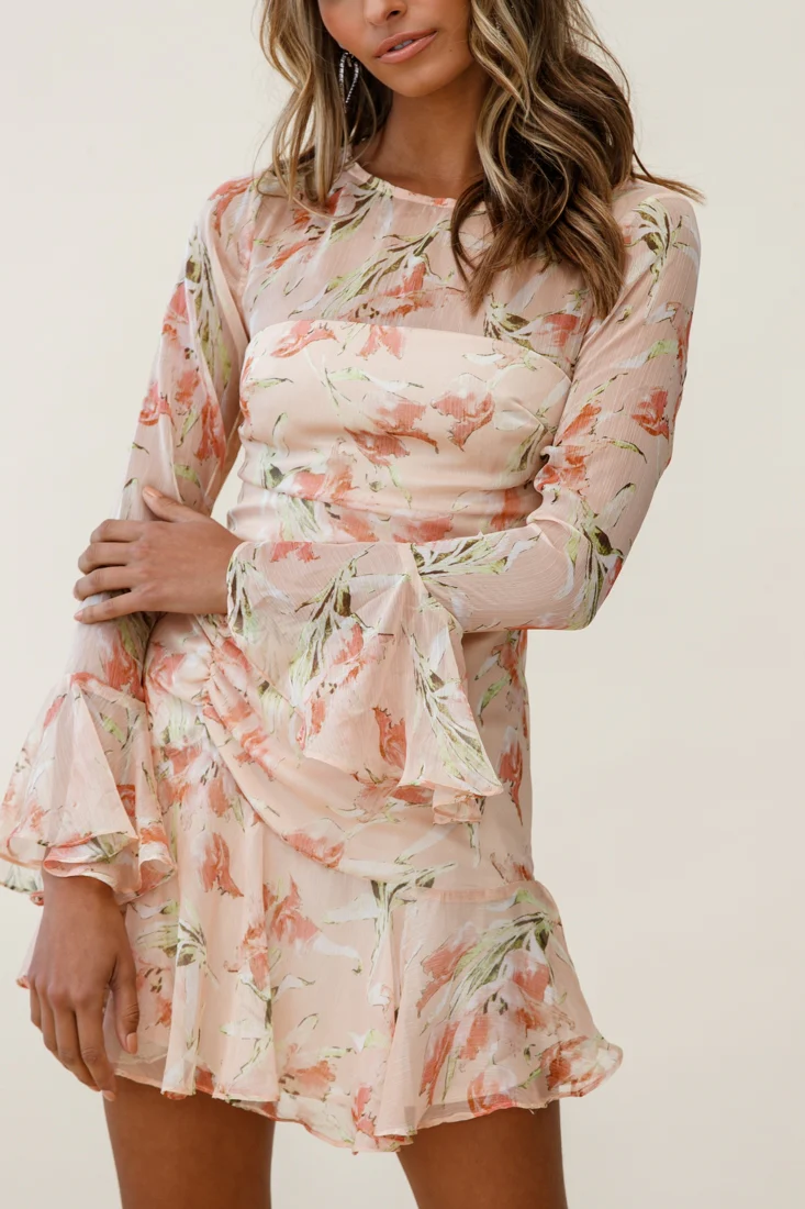 Adalia Long Sleeve Flared Cuff Dress Flower Print Nude - Image 7
