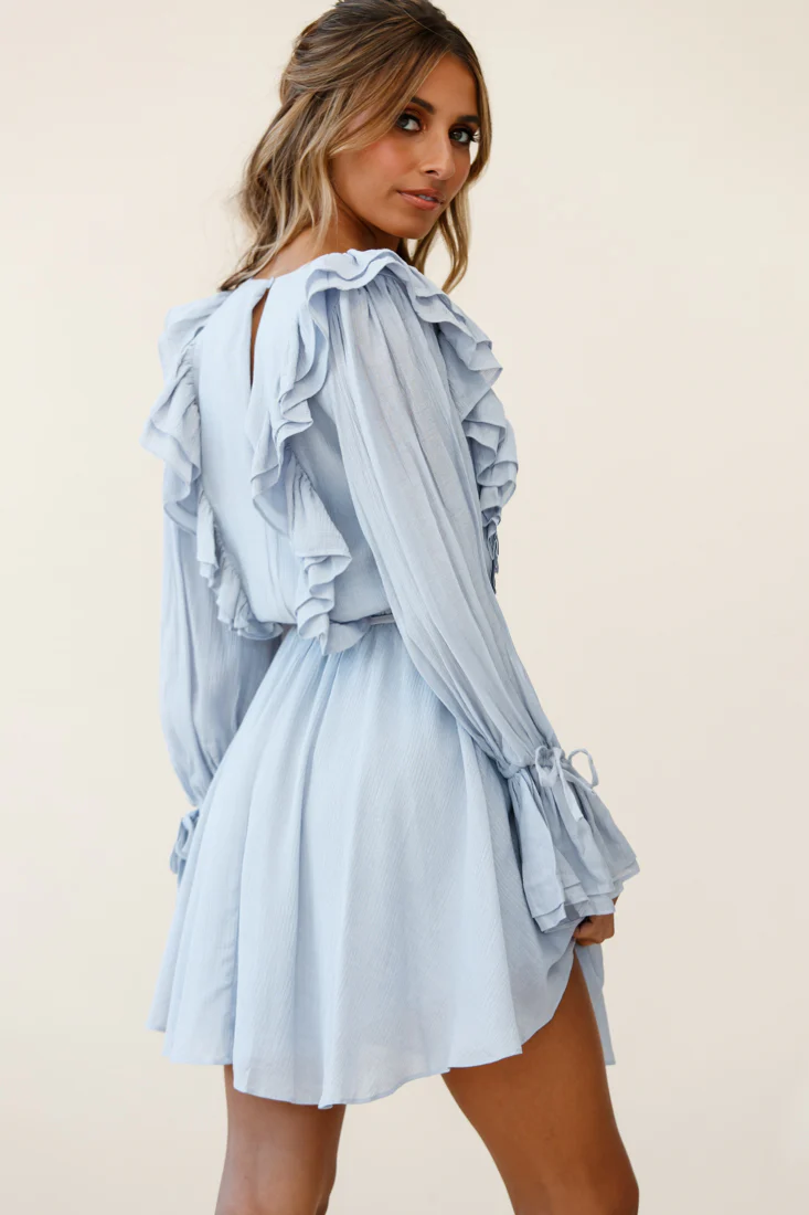Adina Fluted Long Sleeve Frill Detail Dress Grey - Image 3
