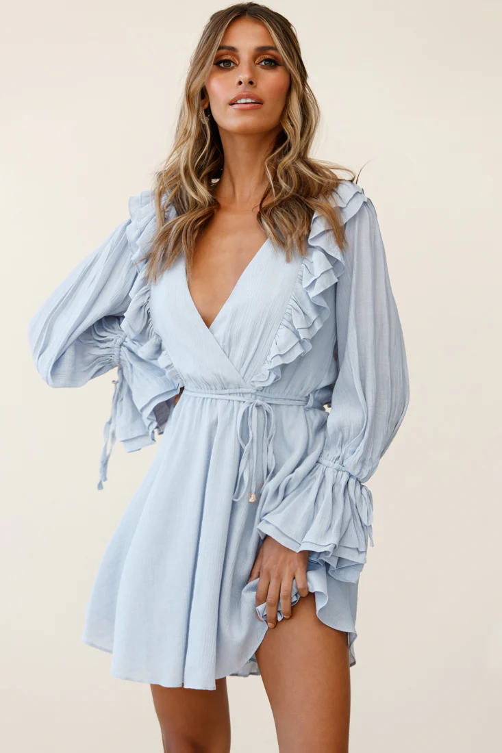 Adina Fluted Long Sleeve Frill Detail Dress Grey - Image 6