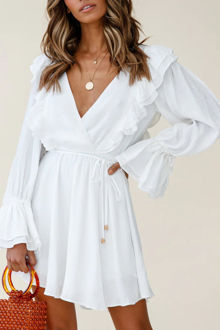 Adina Fluted Long Sleeve Frill Detail Dress White - Image 6