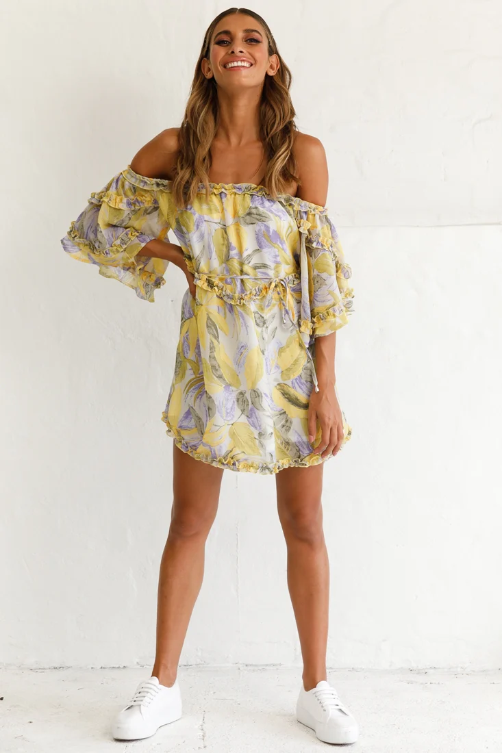 Adriel Off-Shoulder Frill Detail Dress Leaf Print White/Yellow - Image 2