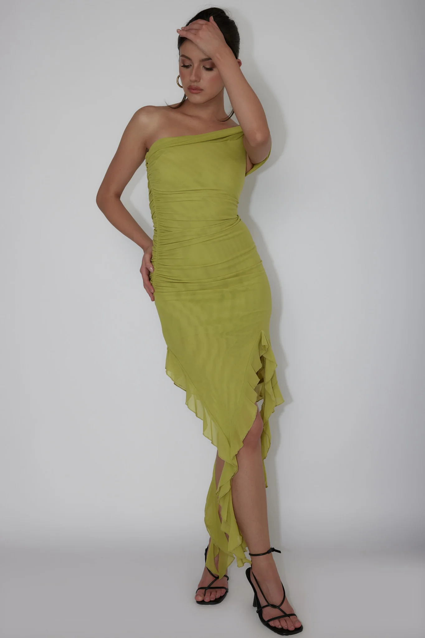 After Party One Sleeve Ruffle Mini Dress Lime - Image 3