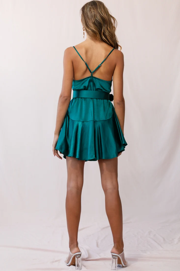 Agent 99 Belted Satin Cowl Neck Dress Forest Green - Image 3