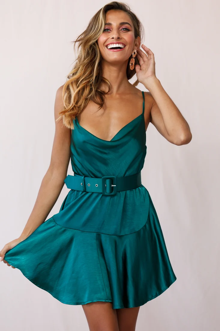 Agent 99 Belted Satin Cowl Neck Dress Forest Green - Image 7