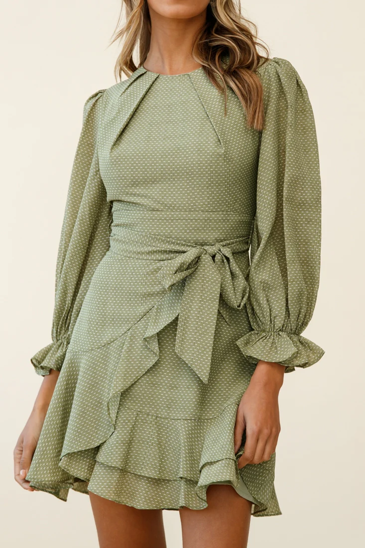 Agnes Long Sleeve Pleat Detail Dress Olive - Image 7