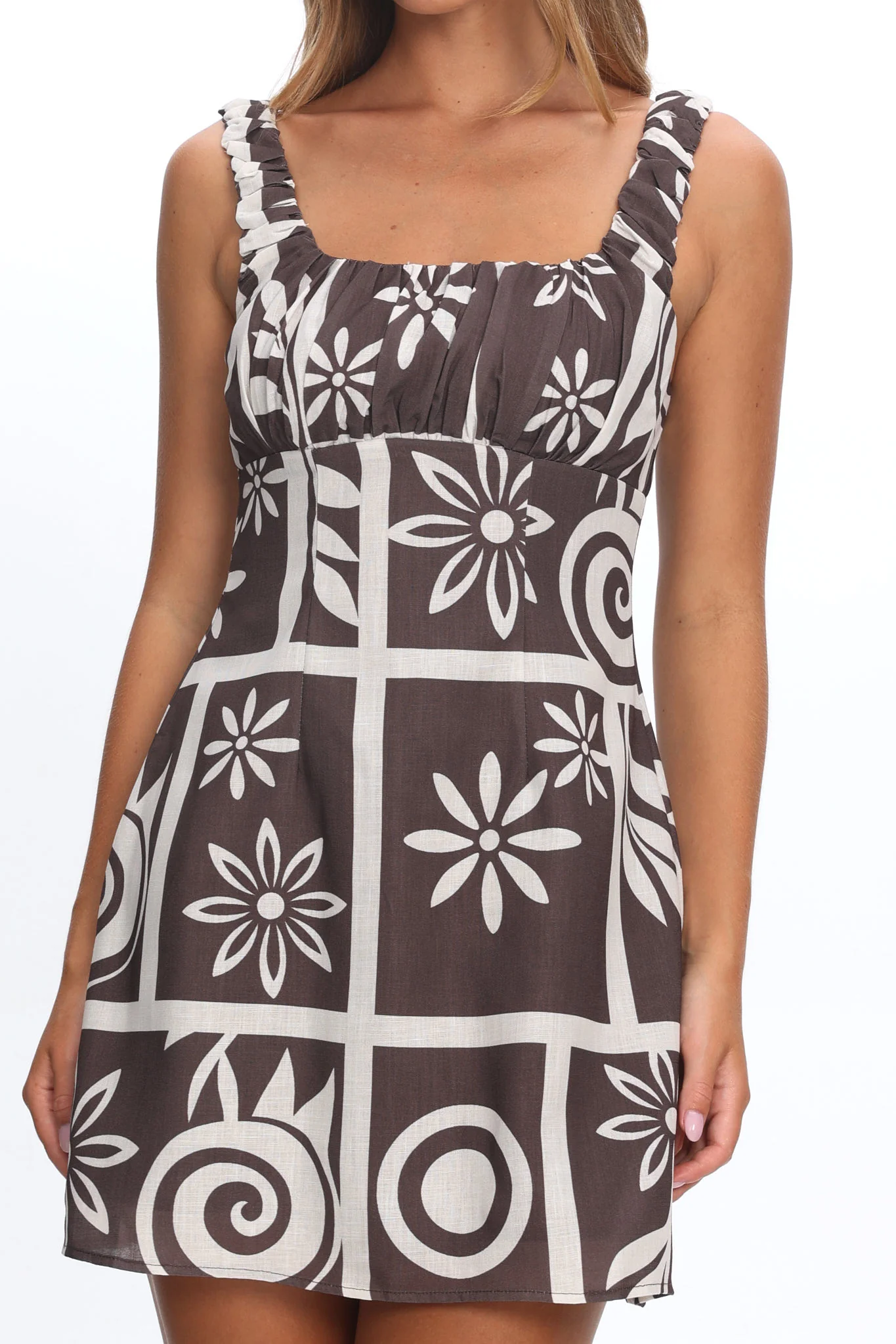 Aila Gathered Bust Mini Dress Print Chocolate - Image 4