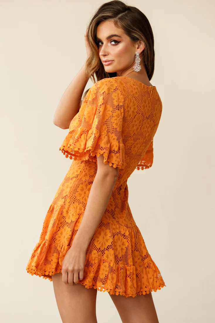Alaia Short Fluted Sleeve Crochet Lace Dress Sunset - Image 3