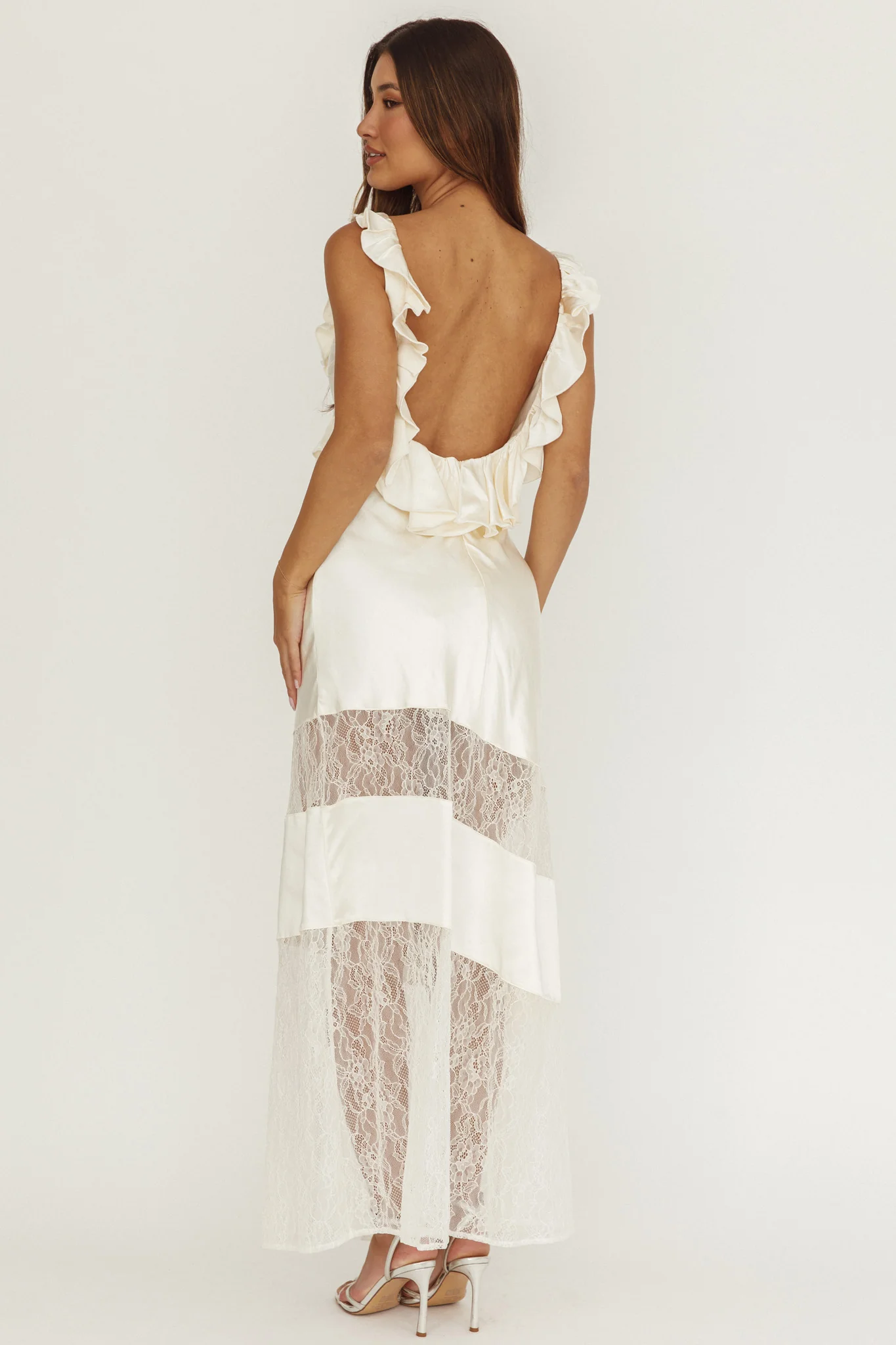 Alba Frill & Lace Trim Maxi Dress Oyster - Image 3