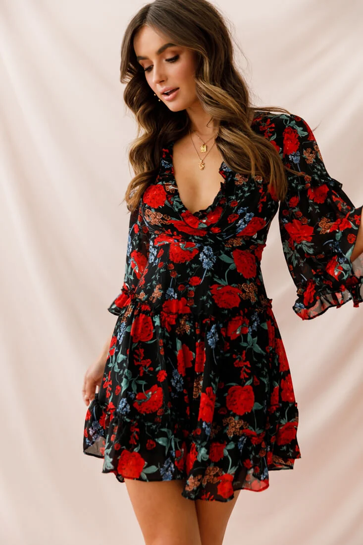 Albany Lace Up Back Frill Dress Black/Red - Image 3