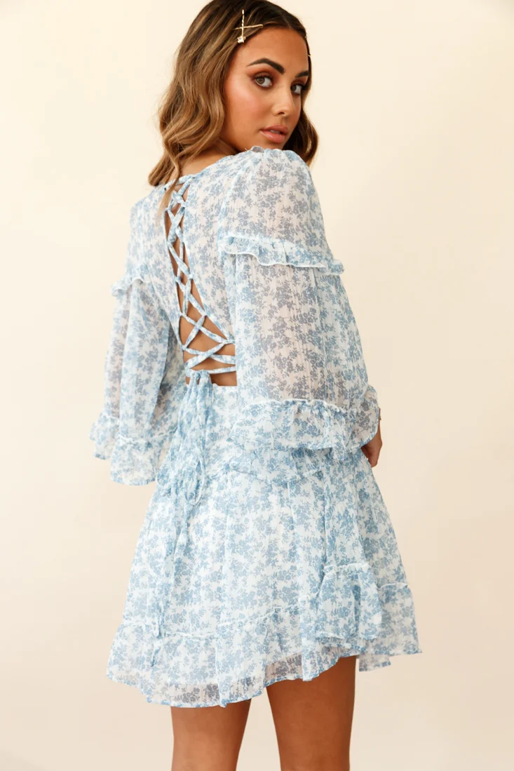 Albany Lace Up Back Frill Dress Floral Print Blue - Image 3