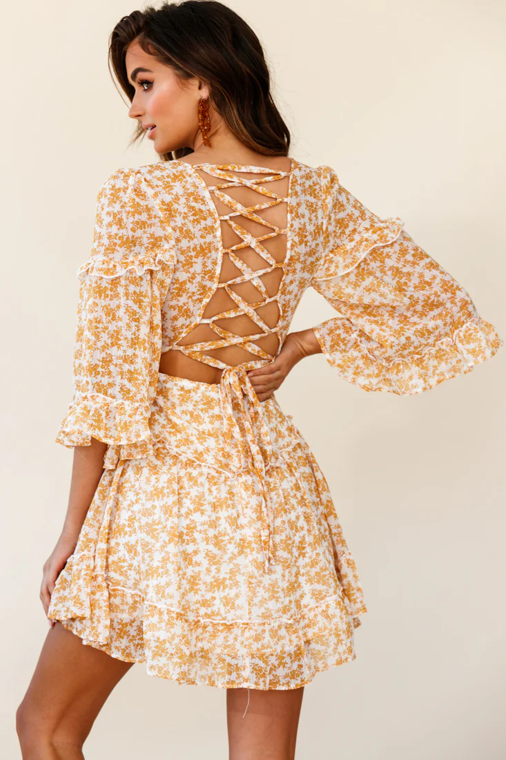Albany Lace Up Back Frill Dress Floral Print Mustard - Image 3