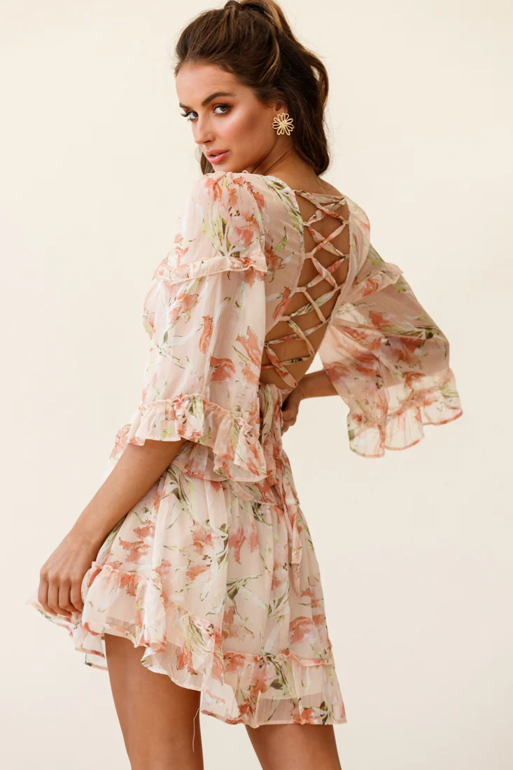 Albany Lace Up Back Frill Dress Lily Print Nude - Image 3