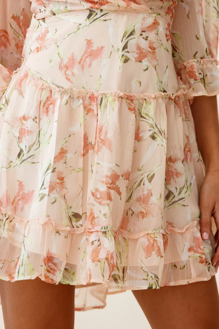 Albany Lace Up Back Frill Dress Lily Print Nude - Image 4