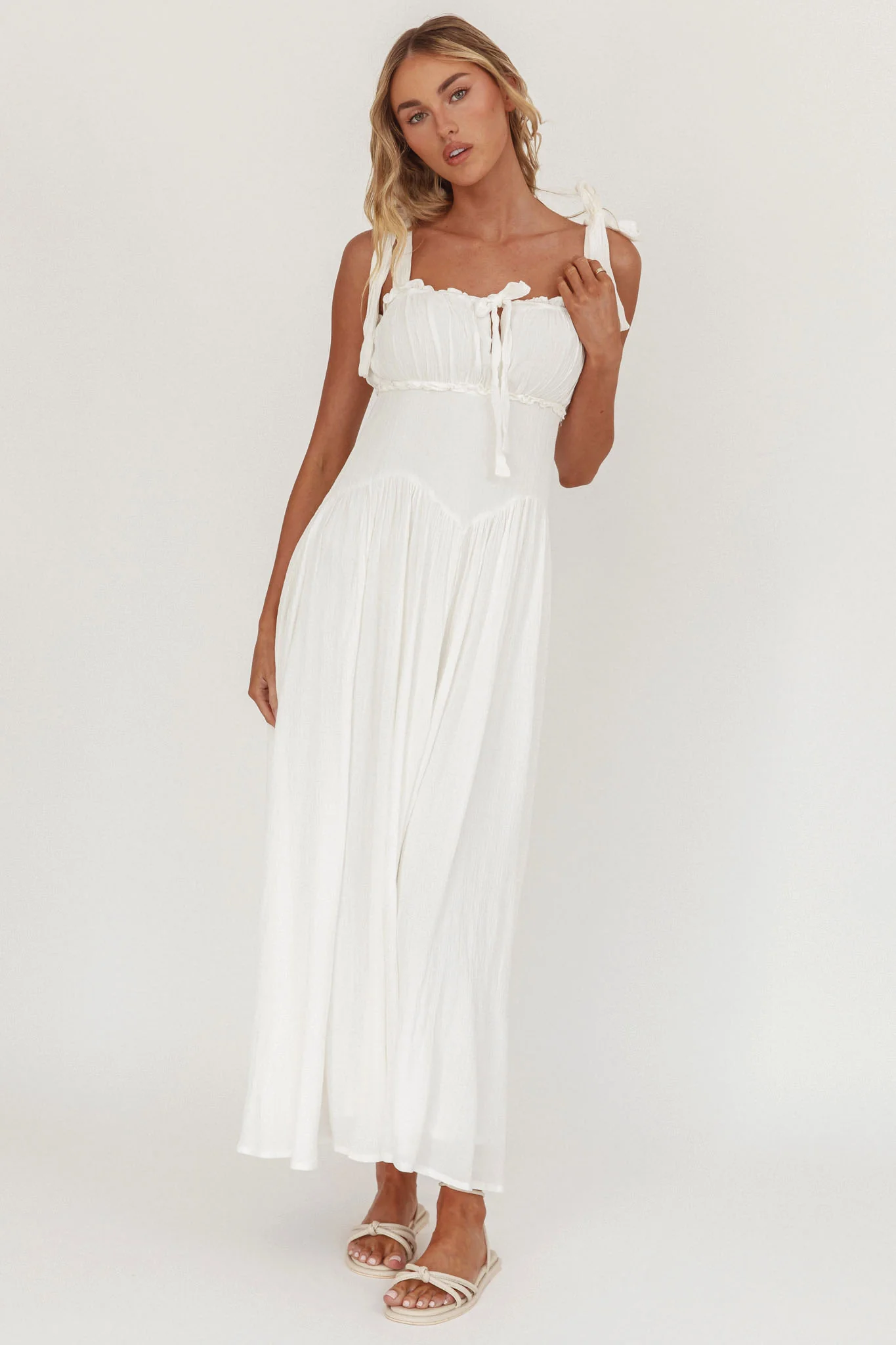Albury Tied Shoulder Basque Waist Midi Dress White - Image 4