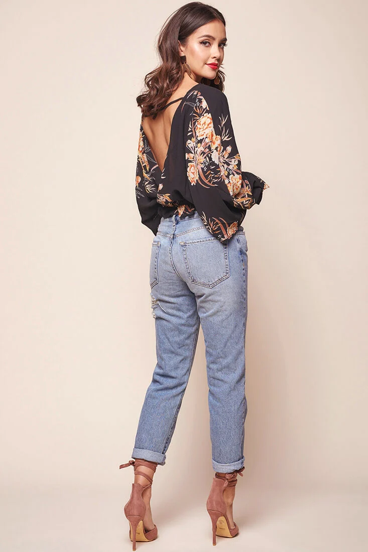 Alejandra Floral Print Bat Sleeve Top Black - Image 5