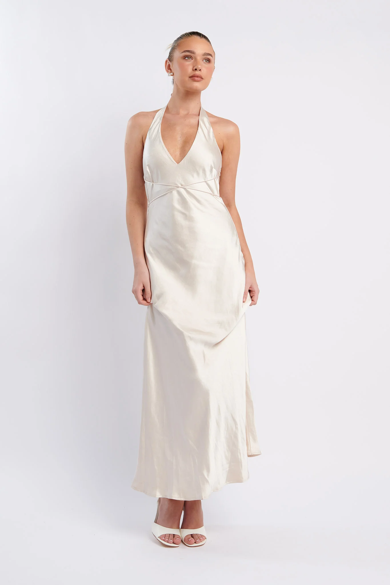 Alenni Halterneck V-Neck Midi Dress Champagne - Image 2