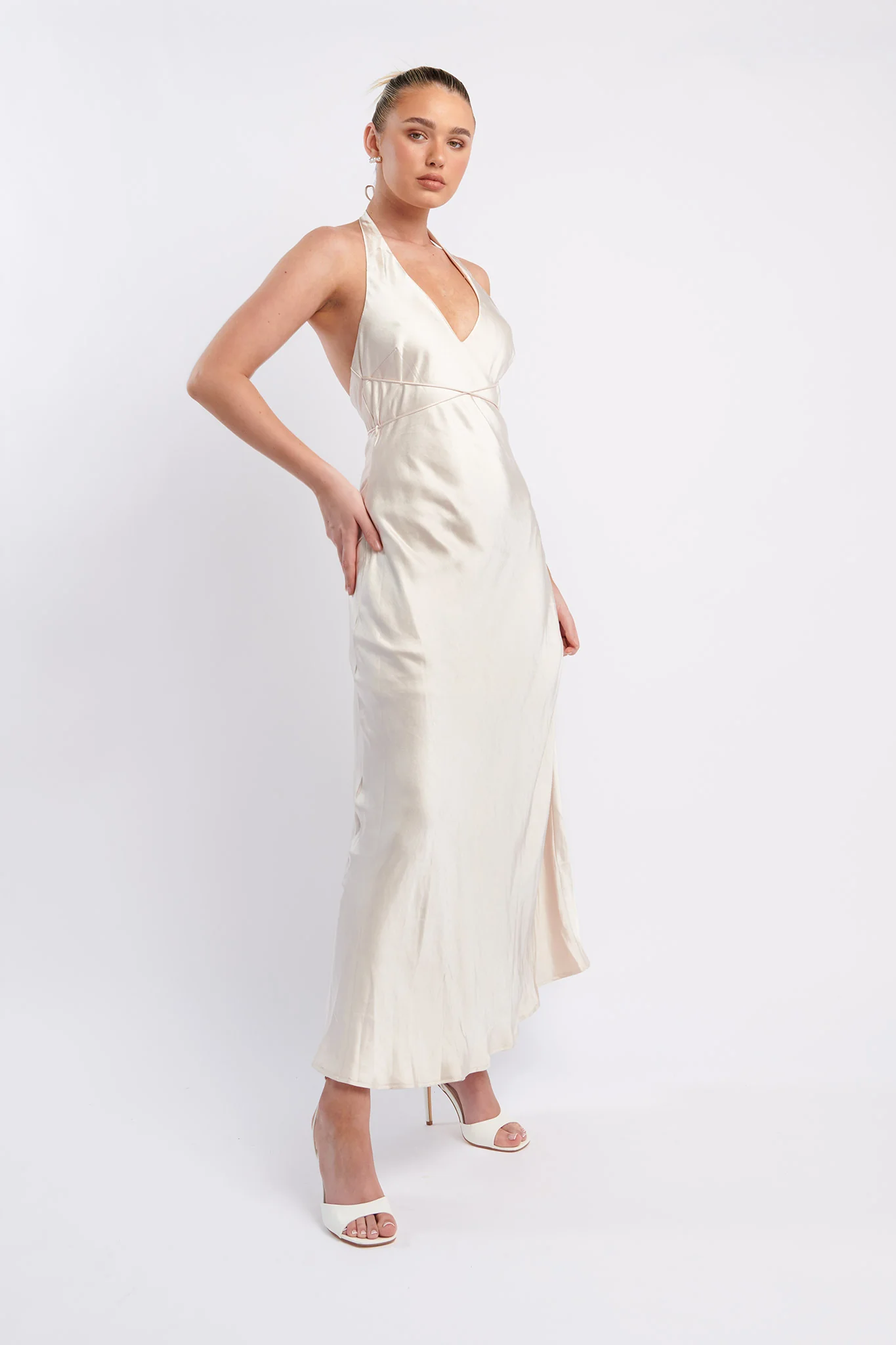 Alenni Halterneck V-Neck Midi Dress Champagne - Image 5