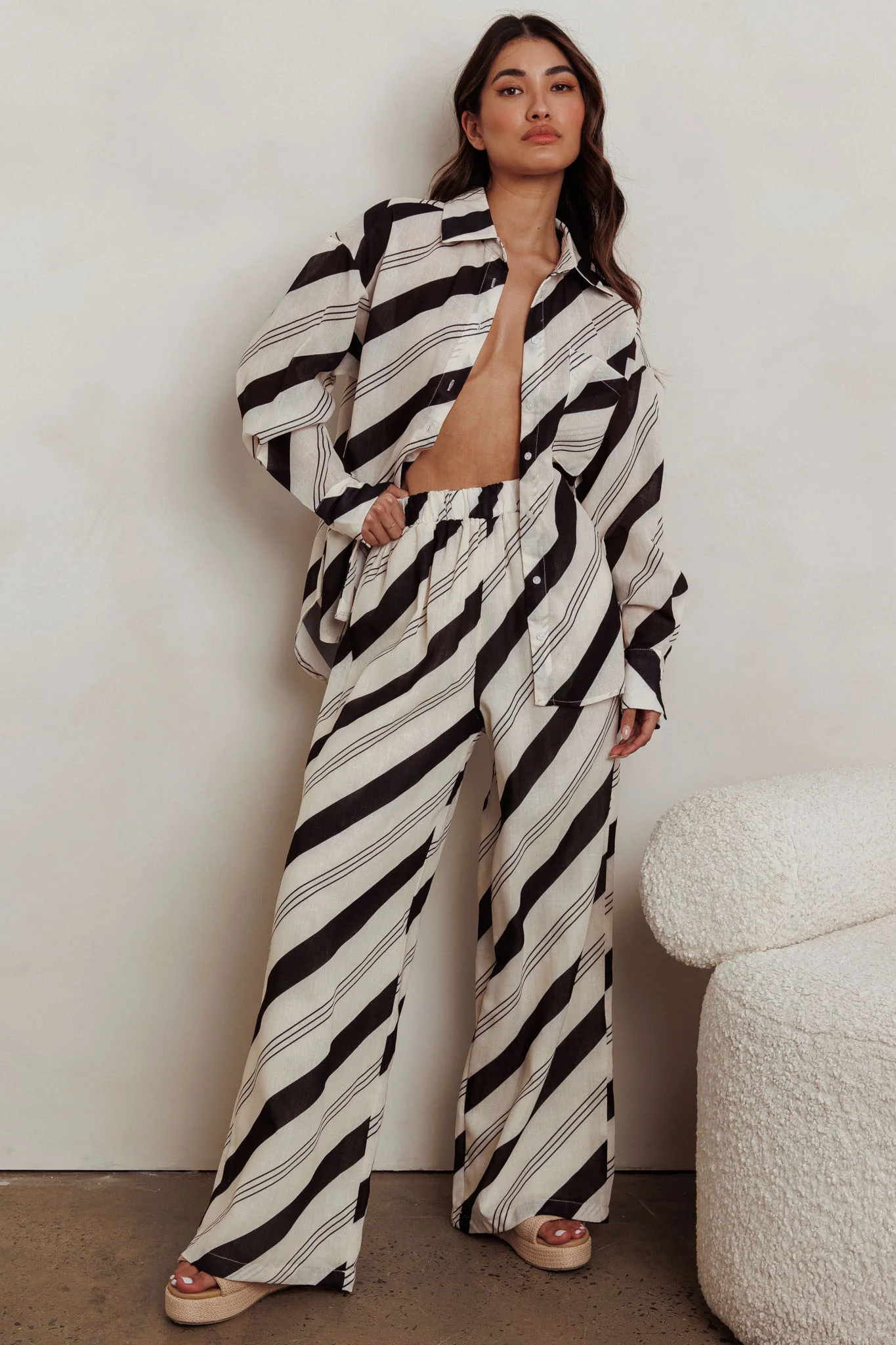 Alex Elastic Waist Striped Print Pant Black/Cream - Image 2
