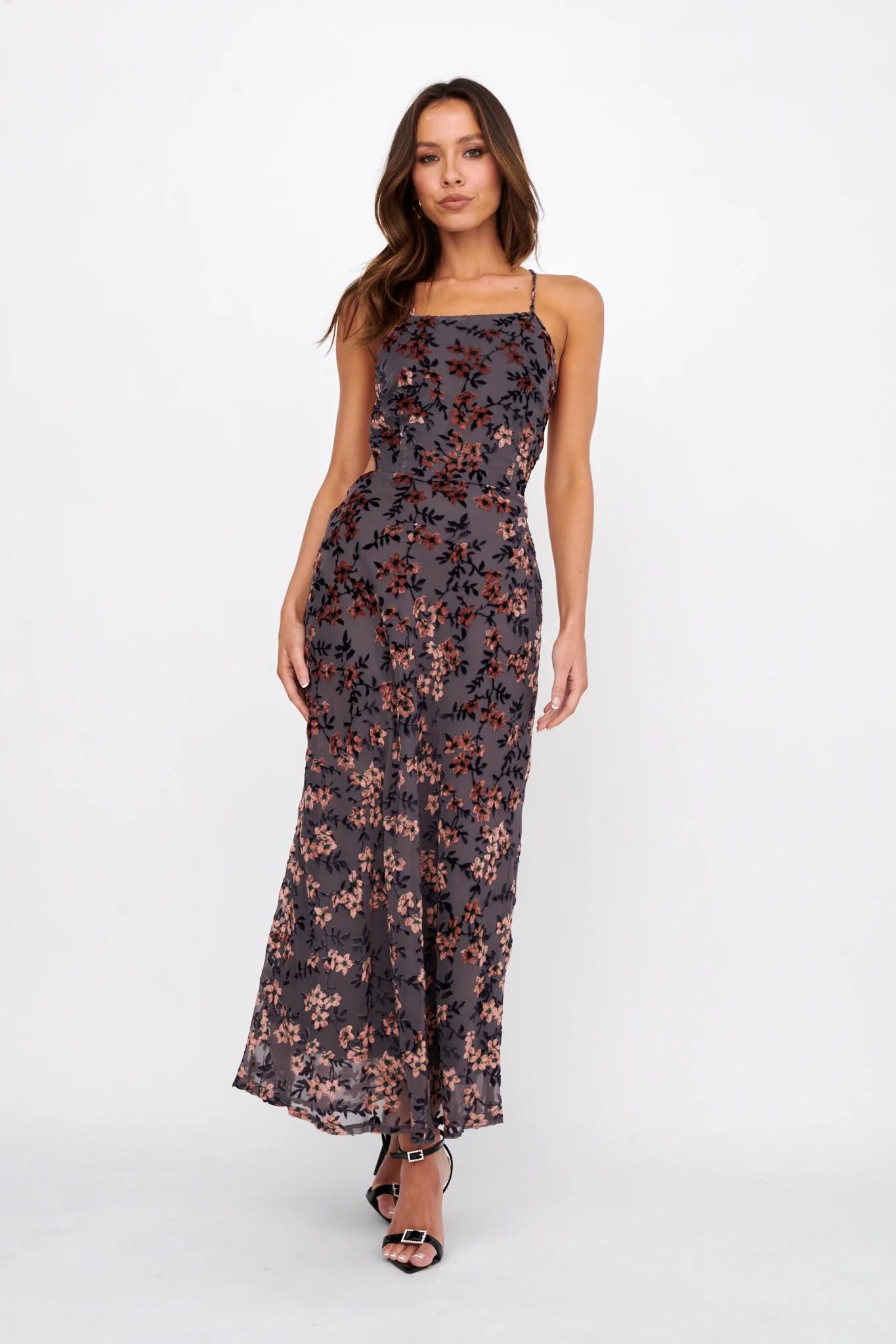 Alexandria Open Back Velour Floral Midi Dress Black/Orange - Image 2