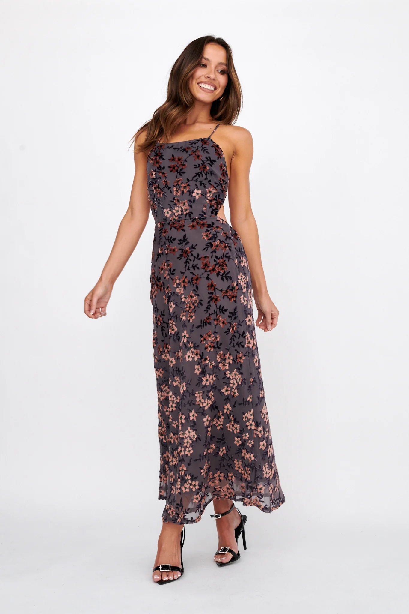Alexandria Open Back Velour Floral Midi Dress Black/Orange - Image 3