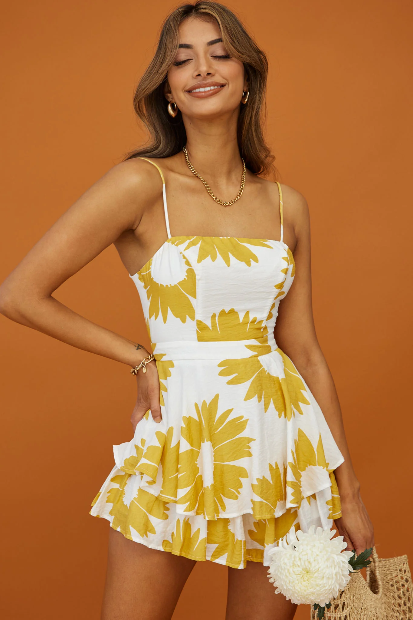 Alexandria Square Neckline Tie Back Romper Large Sunflower Print Yellow - Image 4