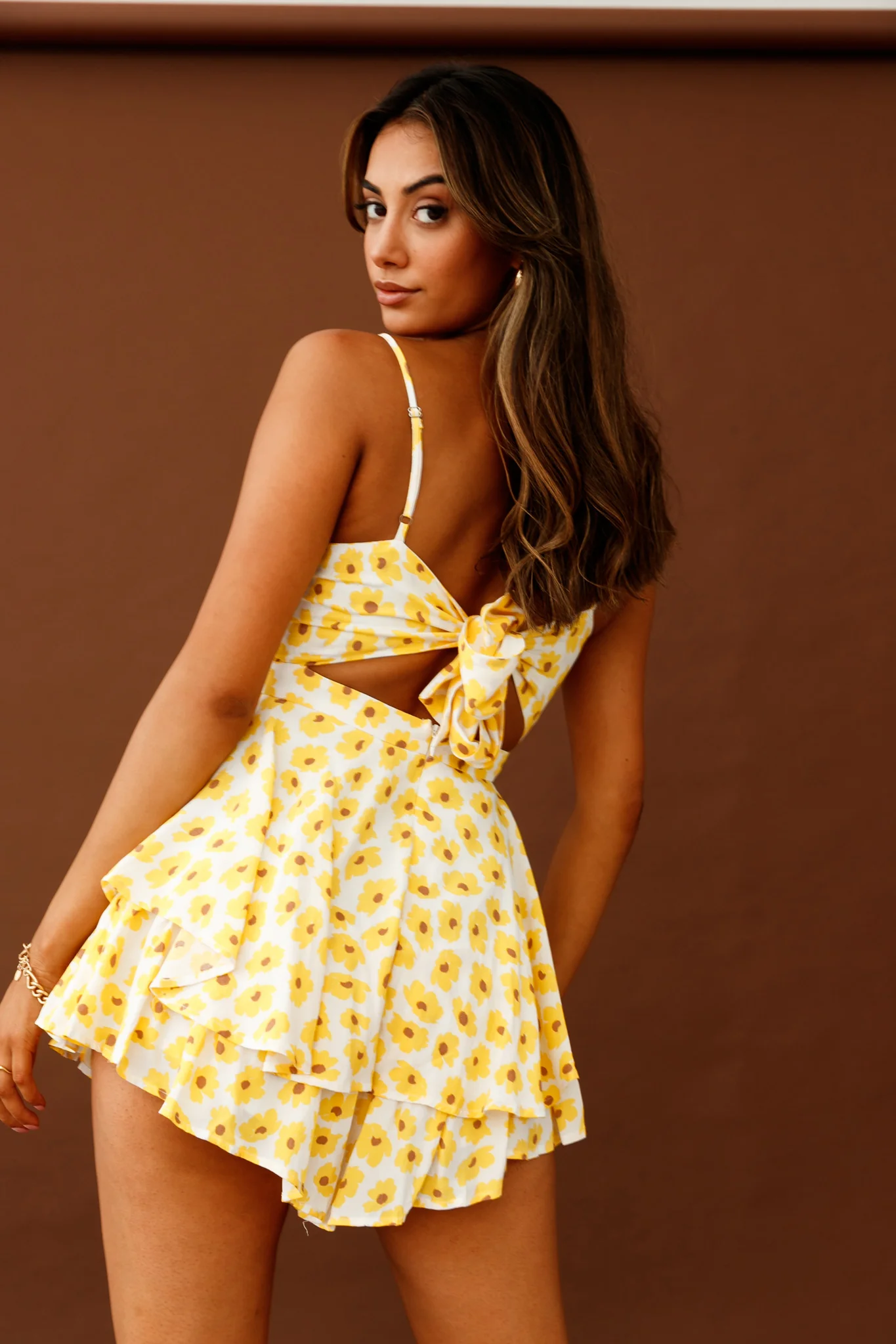 Alexandria Square Neckline Tie Back Romper Sunflower Print Yellow - Image 2