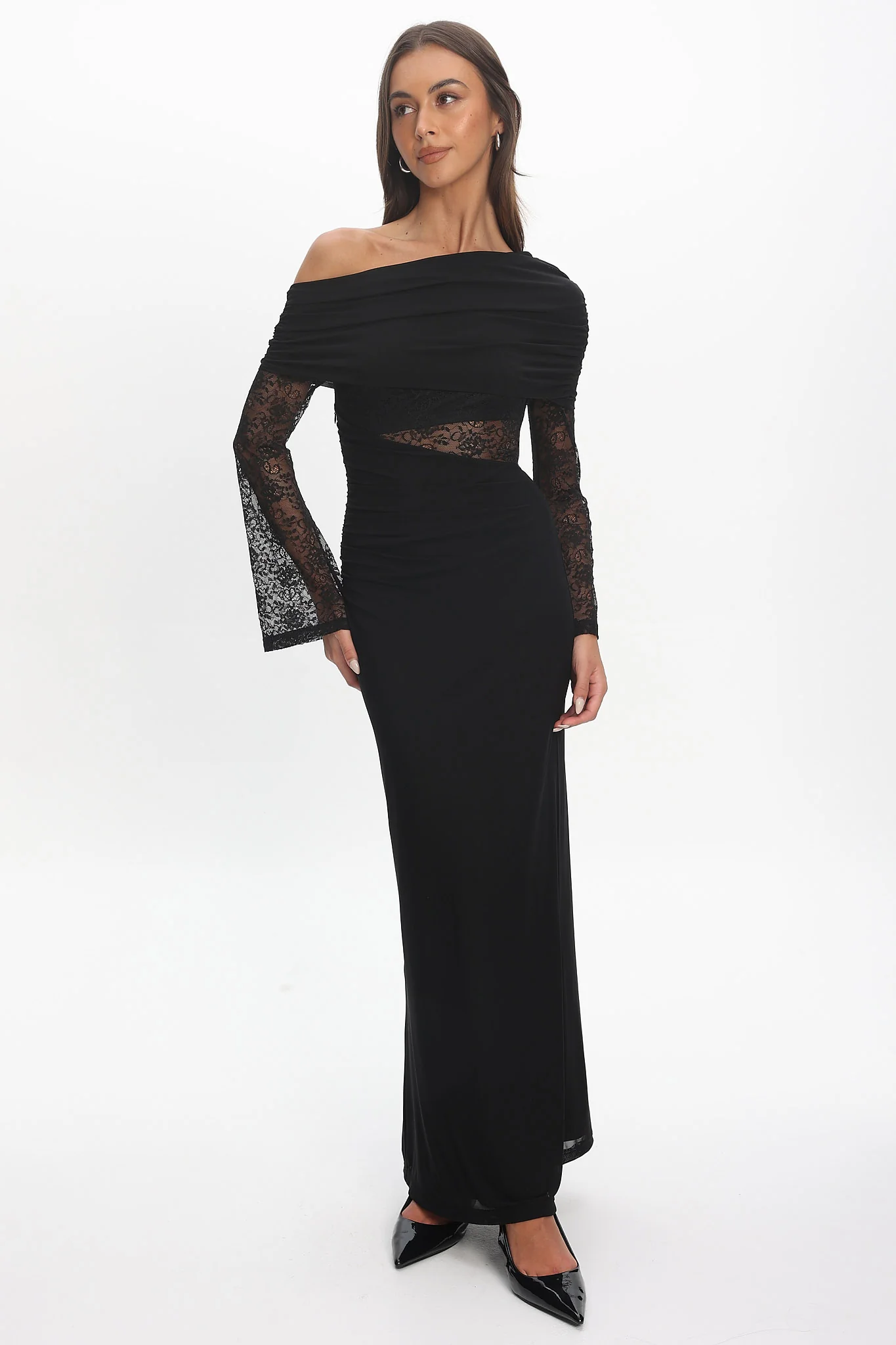 Alivya Asymmetric Neckline Lace Trim Maxi Dress Black - Image 5