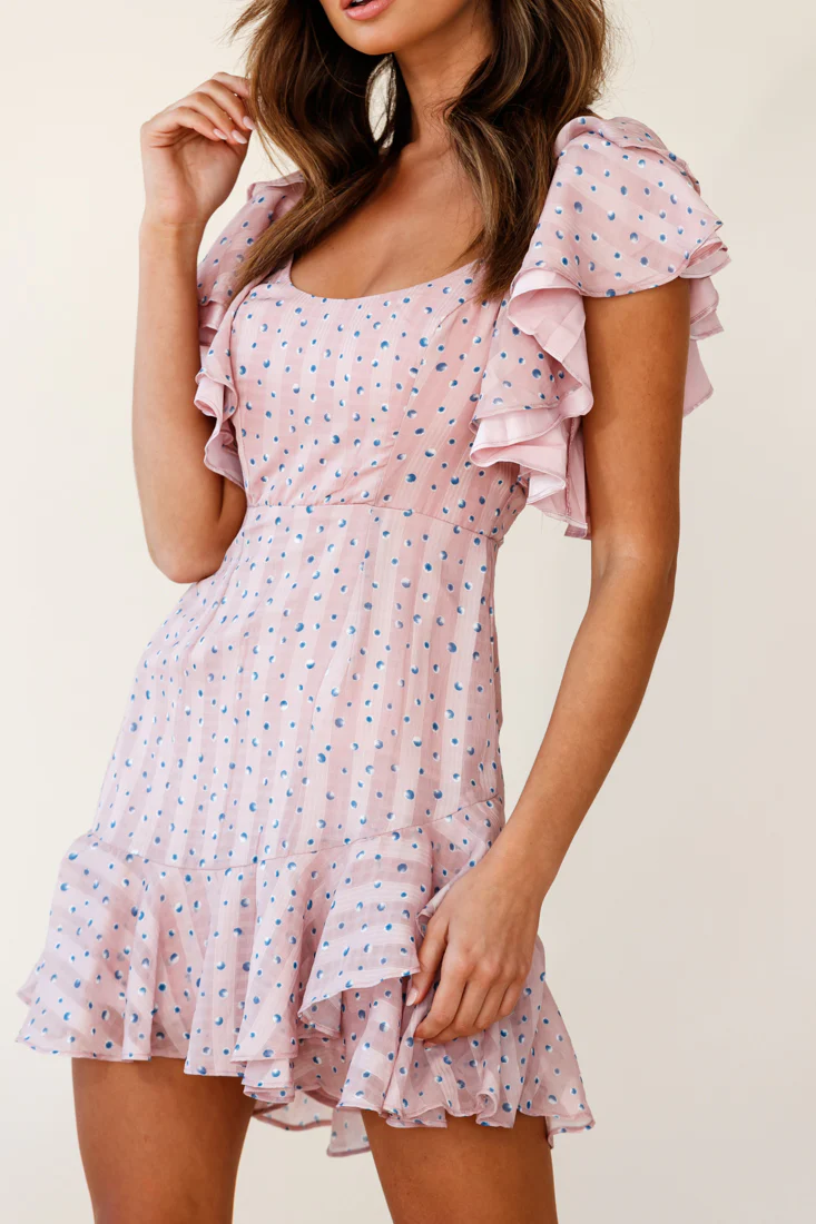 All Or Nothing Flounce Sleeve Lace-Up Back Dress Speckle Print Pink - Image 3