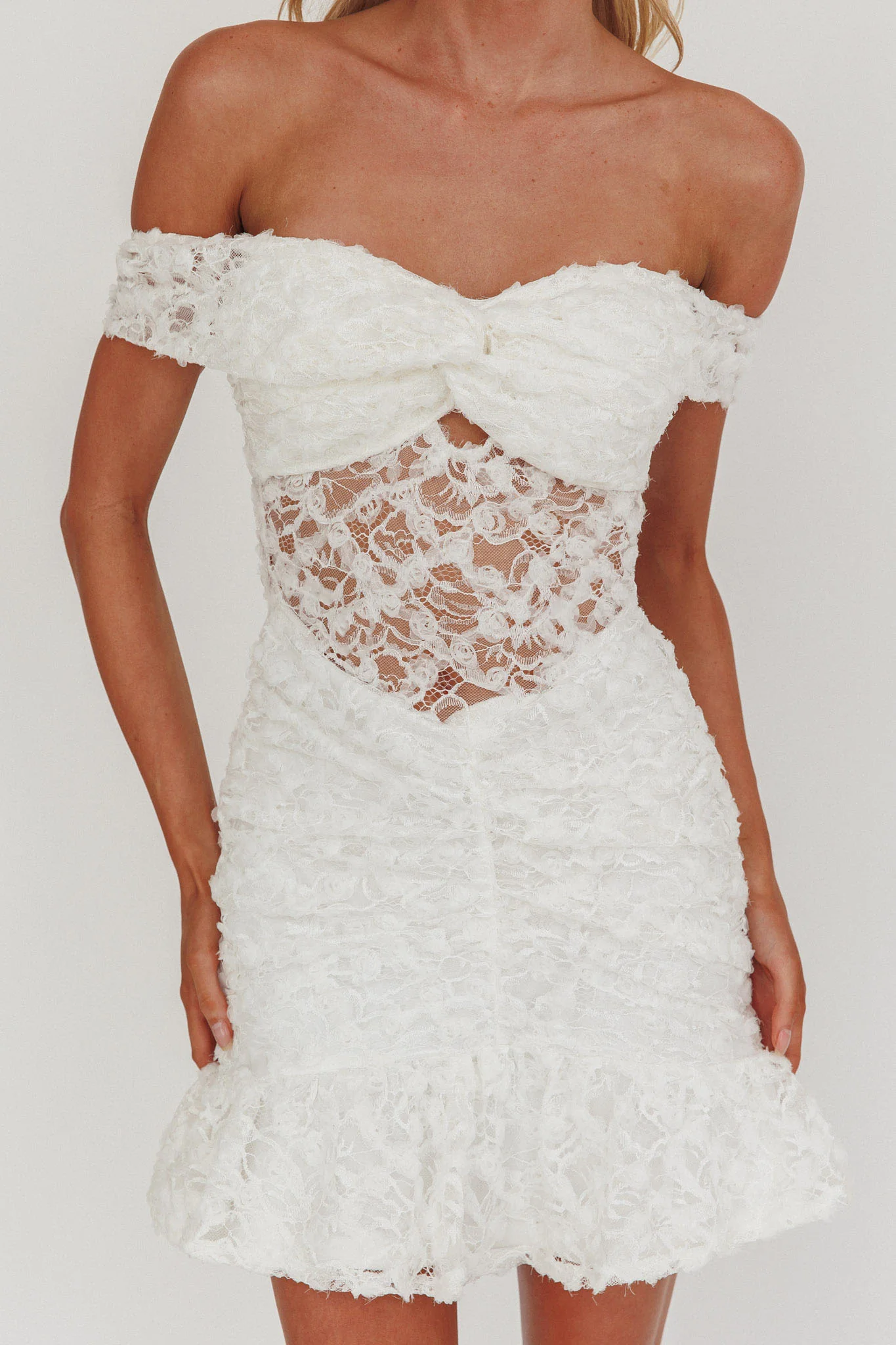 All The Lights Off-Shoulder Lace Mini Dress White - Image 3