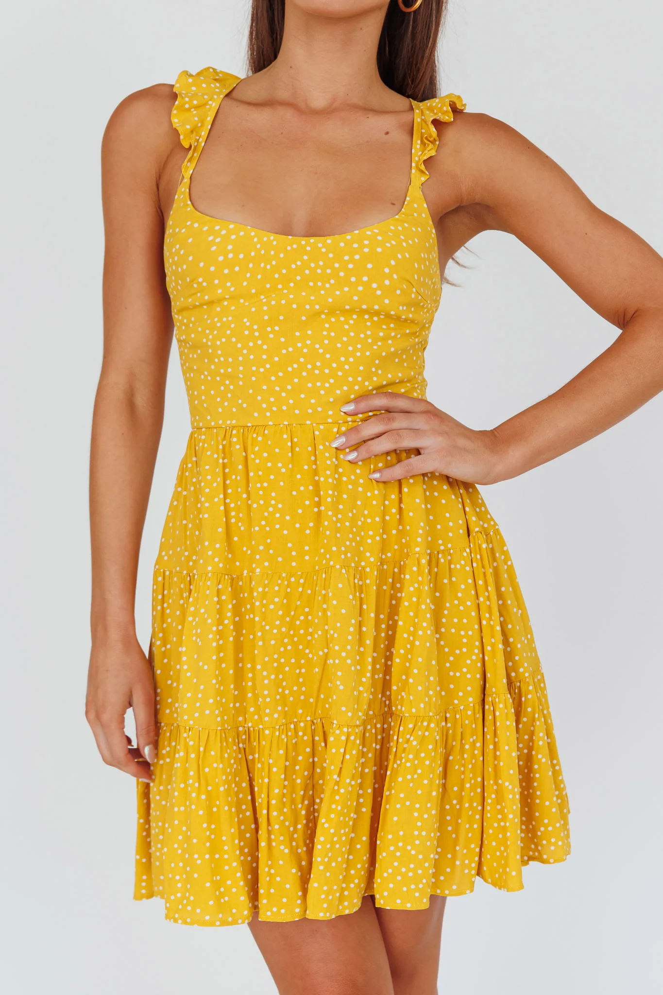 Allegra Fluted Hem Lace-Up Back Dress Yellow - Image 4