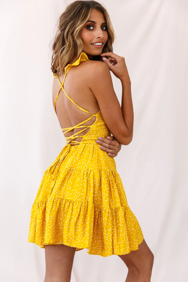 Allegra Fluted Hem Lace-Up Back Dress Yellow - Image 7
