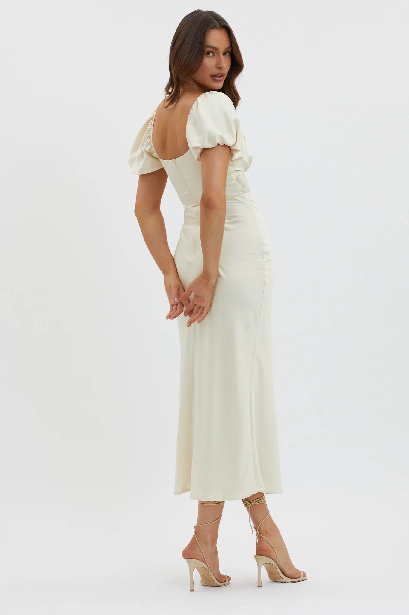 Allianna Puff Sleeve Lace Waist Midi Dress Butter - Image 2