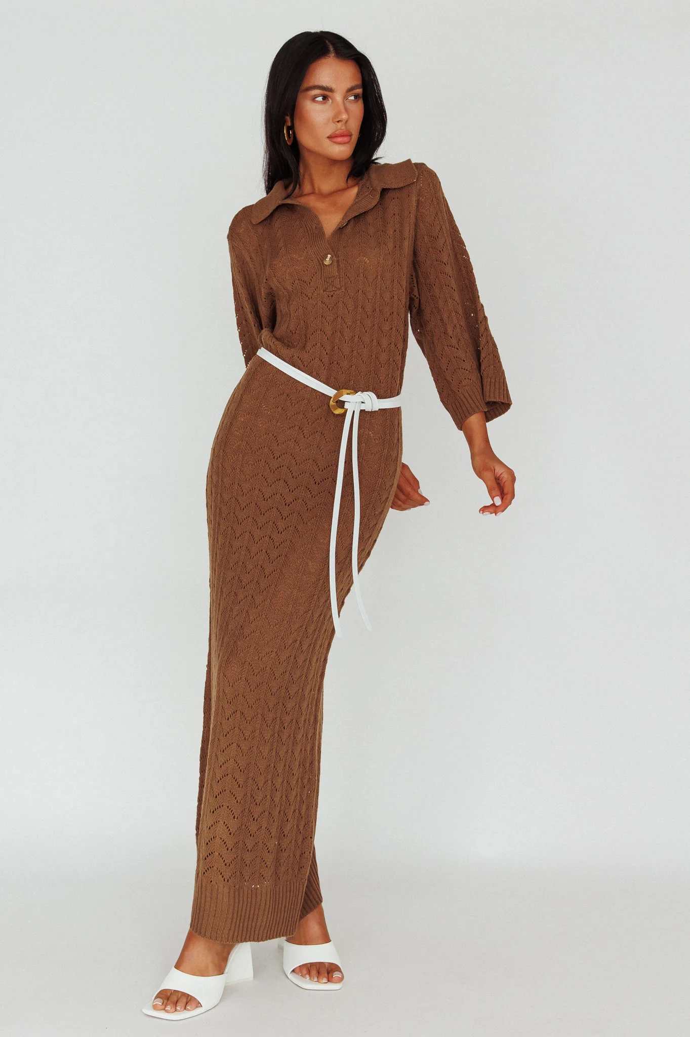 Alouette 3/4 Sleeve Crochet Midi Dress Cocoa - Image 5