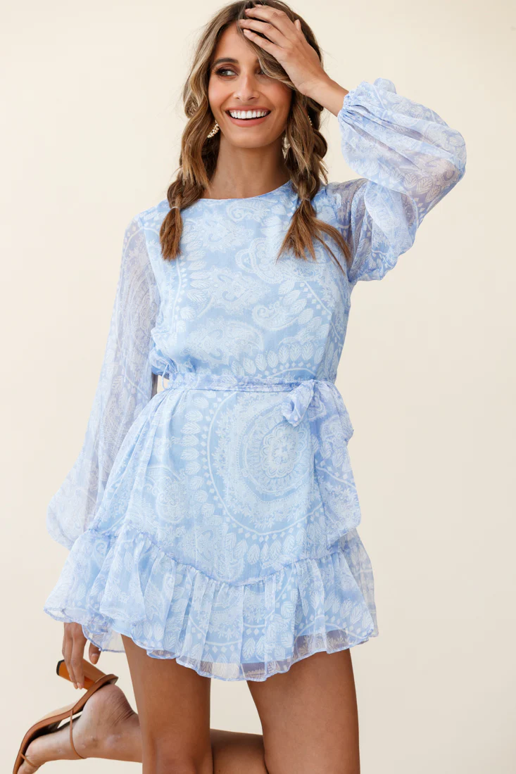 Always & Forever Long Balloon Sleeve Crew Neck Dress Paisley Print Blue - Image 4
