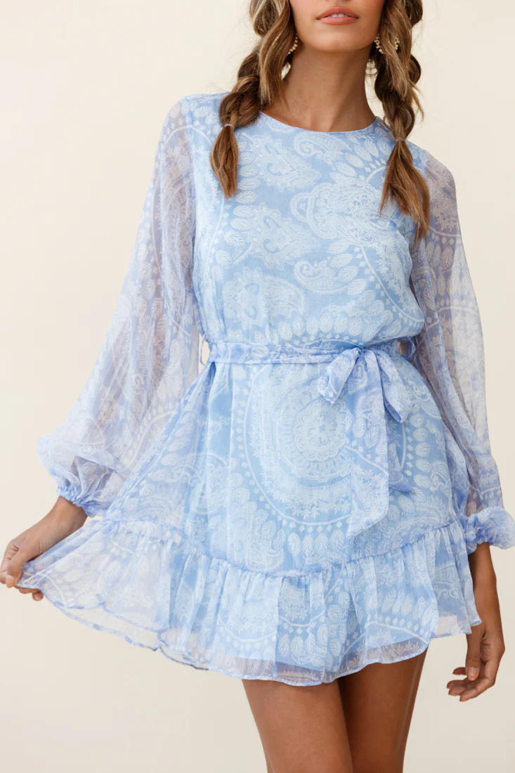 Always & Forever Long Balloon Sleeve Crew Neck Dress Paisley Print Blue - Image 7